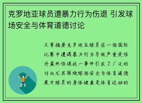 克罗地亚球员遭暴力行为伤退 引发球场安全与体育道德讨论