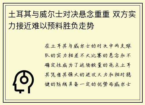 土耳其与威尔士对决悬念重重 双方实力接近难以预料胜负走势