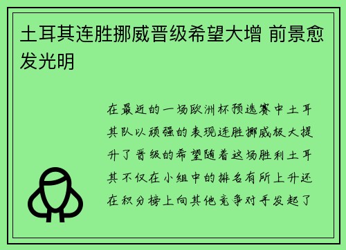 土耳其连胜挪威晋级希望大增 前景愈发光明