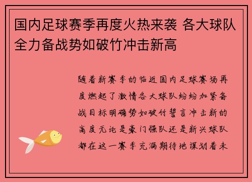 国内足球赛季再度火热来袭 各大球队全力备战势如破竹冲击新高