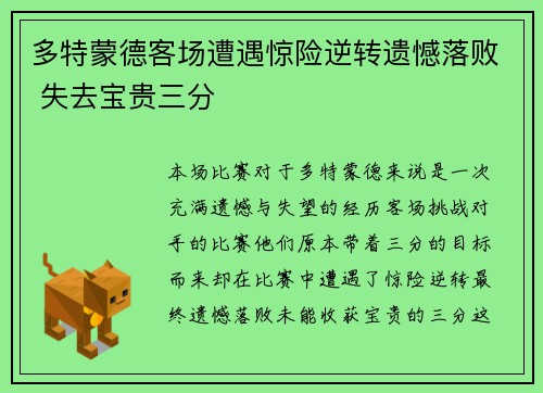 多特蒙德客场遭遇惊险逆转遗憾落败 失去宝贵三分