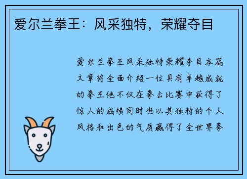 爱尔兰拳王：风采独特，荣耀夺目