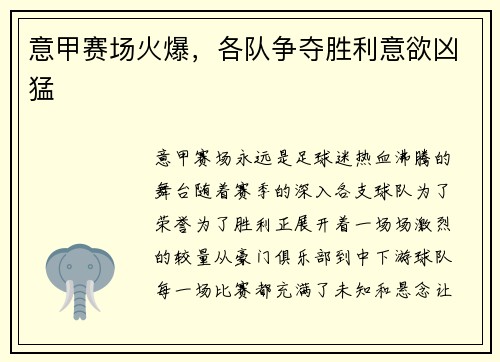 意甲赛场火爆，各队争夺胜利意欲凶猛