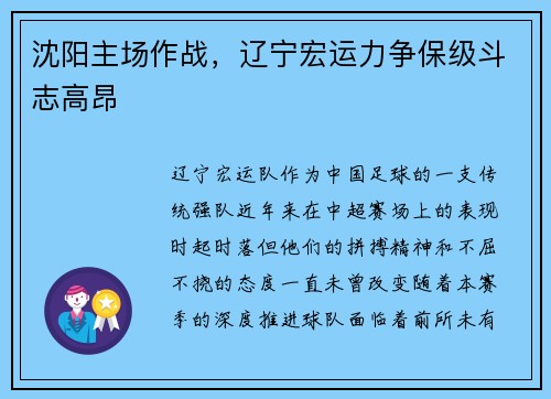 沈阳主场作战，辽宁宏运力争保级斗志高昂