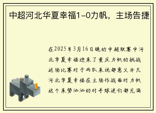 中超河北华夏幸福1-0力帆，主场告捷