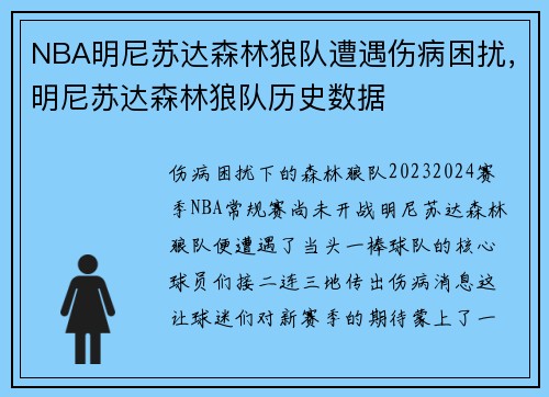 NBA明尼苏达森林狼队遭遇伤病困扰，明尼苏达森林狼队历史数据