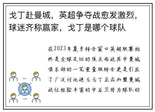 戈丁赴曼城，英超争夺战愈发激烈，球迷齐称赢家，戈丁是哪个球队