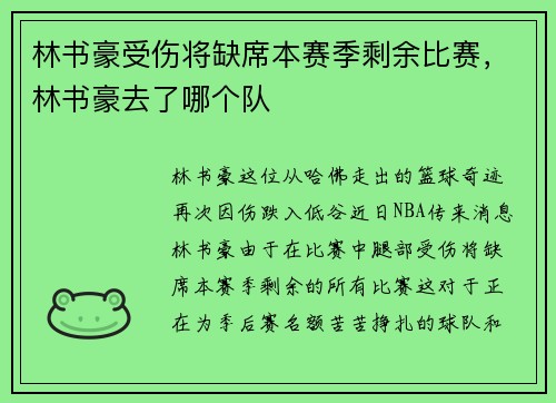 林书豪受伤将缺席本赛季剩余比赛，林书豪去了哪个队