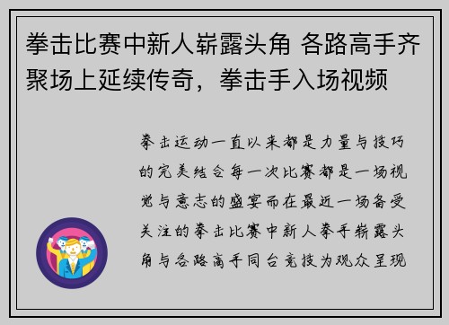 拳击比赛中新人崭露头角 各路高手齐聚场上延续传奇，拳击手入场视频