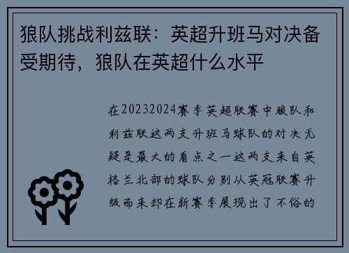 狼队挑战利兹联：英超升班马对决备受期待，狼队在英超什么水平