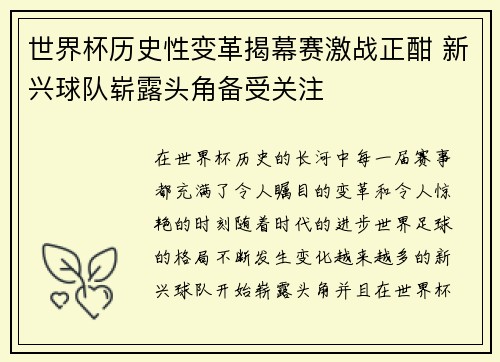 世界杯历史性变革揭幕赛激战正酣 新兴球队崭露头角备受关注