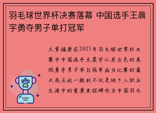 羽毛球世界杯决赛落幕 中国选手王晨宇勇夺男子单打冠军