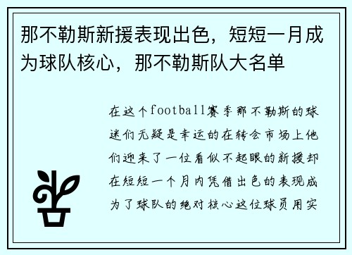 那不勒斯新援表现出色，短短一月成为球队核心，那不勒斯队大名单