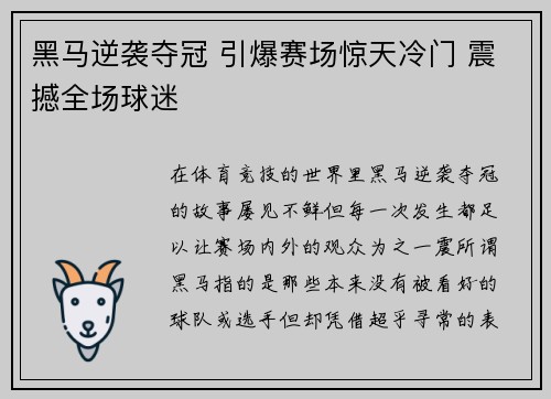 黑马逆袭夺冠 引爆赛场惊天冷门 震撼全场球迷